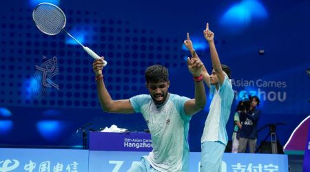India’s Satwiksairaj Rankireddy and Chirag Shetty celebrate after winning their men's doubles semi-final badminton match against Malaysia's Aaron Chia Teng Fong and Soh Wooi Yik.