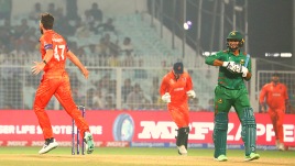 Bangladesh's Shakib Al Hasan reacts after being dismissed by the Netherlands. (Express photo by Partha Paul)