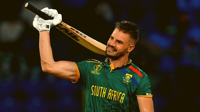 South Africa's batter Aiden Markram celebrates his century during the ICC Men's Cricket World Cup match between Sri Lanka and South Africa, at the Arun Jaitley Stadium, in New Delhi, Saturday, Oct. 7, 2023. (PTI Photo)
