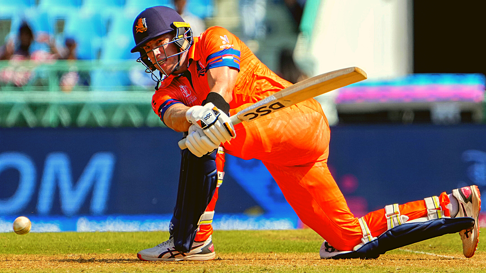 Netherlands' Sybrand Engelbrecht plays a shot during the ICC Men’s Cricket World Cup 2023 match between Sri Lanka and Netherlands, at Bharat Ratna Shri Atal Bihari Vajpayee Ekana Cricket Stadium in Lucknow, Saturday, Oct. 21, 2023. (PTI Photo