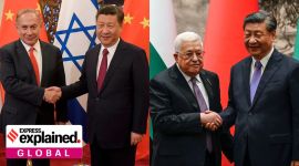 Israeli Prime Minister Benjamin Netanyahu, left, and Chinese President Xi Jinping in Beijing, China in 2017. On right, Xi and Palestinian President Mahmoud Abbas in 2023.