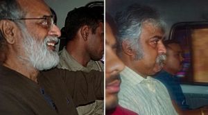 NewsClick founder Prabir Purkayastha (L) and HR Head Amit Chakravarty being brought to the Lodhi Road Special Cell office, in New Delhi