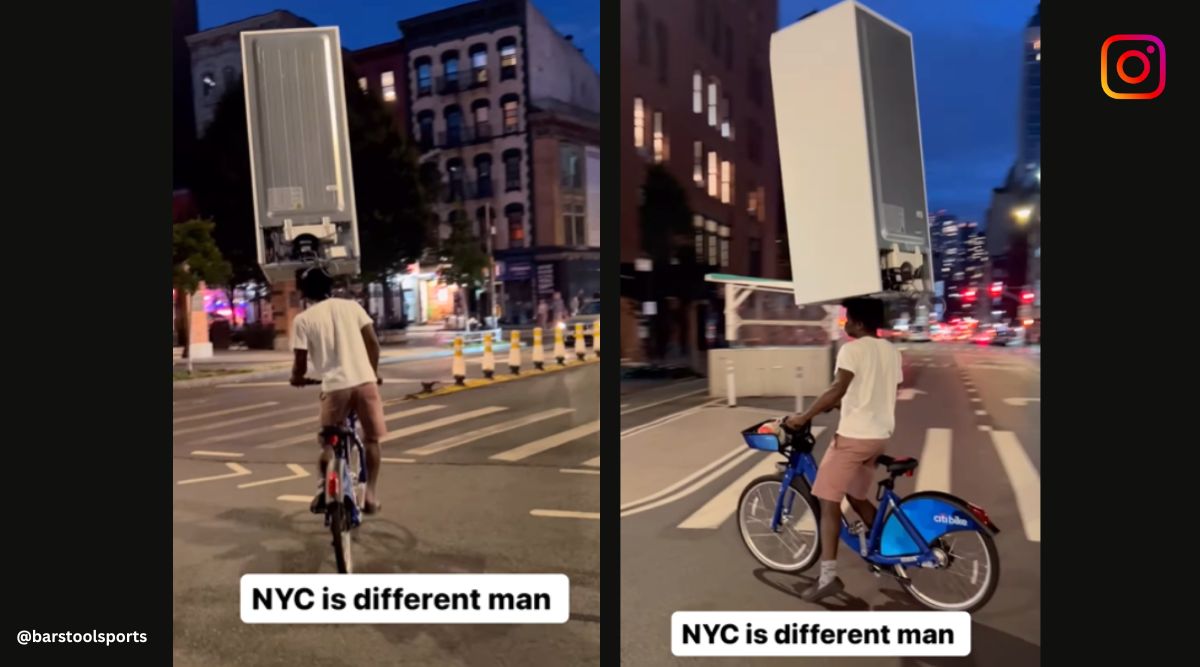 cycling with fridge on head nyc