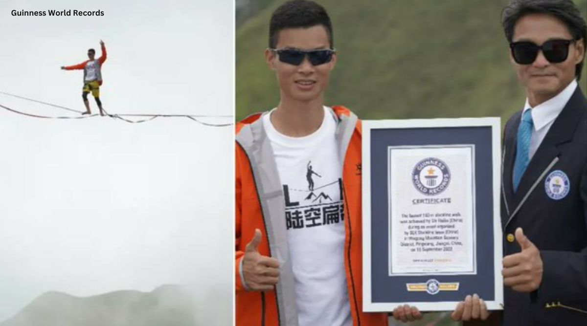 Watch this Chinese athlete walk 100 metres on a slackline in record
