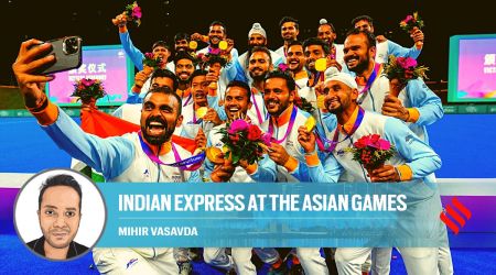 Indian players celebrate after winning the gold medal in the men's hockey event at the 19th Asian Games, in Hangzhou, China, Friday, Oct. 6, 2023. The Indian team won the final against Japan 5-1 and qualified for the 2024 Paris Olympics. (PTI Photo)