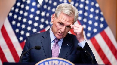 Rep. Kevin McCarthy, R-California, speaks to reporters hours after he was ousted as Speaker of the House, Oct. 3, 2023, at the Capitol in Washington