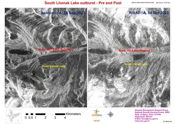 ISRO said that about 105 hectares have been drained out from the lake and gave a comparison of a September 28 image and an October 4 image. This might have created a flash flood downstream, it added.