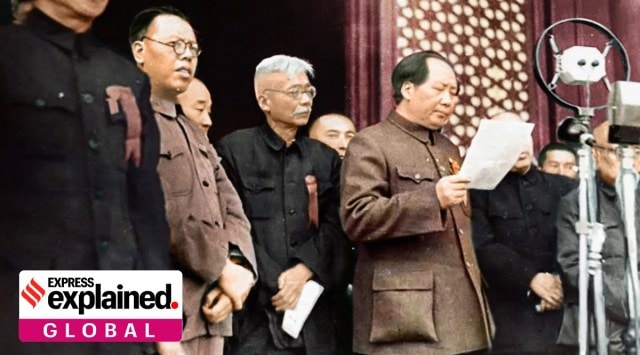 Chinese Communist Party Chairman Mao Zedong proclaiming the People's Republic of China on 1 October, 1949, in Beijing's Tiananmen Square.