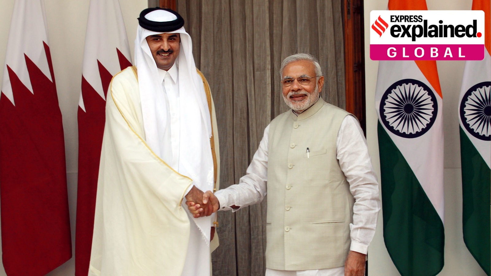 PM Narendra Modi and Emir of the State of Qatar, Sheikh Tamim Bin Hamad Al-Thani, shake hands prior to a meeting at Hyderabad House in New Delhi in 2015.