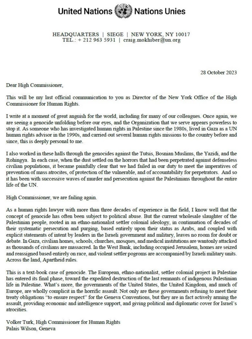 Craig Mokhiber's resignation letter. 