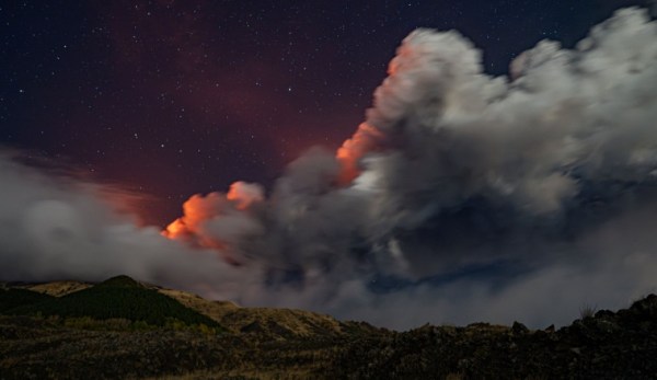Mount Etna, Europe's most active volcano, shoots plumes of smoke and ashes with eruptions, as seen from Mount Salto Del Cane, Italy November 12, 2023.