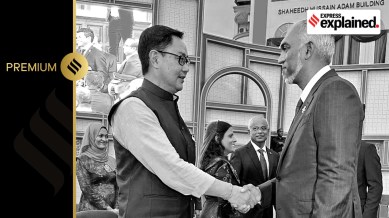 Union Minister Kiren Rijuju welcomes Mohammed Muizzu after he took oath as the 8th President of the Republic of Maldives, in Male, Friday, Nov. 17, 2023.