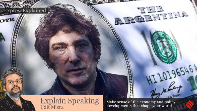 A 100-dollar bill cut-out with Argentine presidential candidate Javier Milei's face printed on it is pictured during the closing event of his electoral campaign ahead of the November 19 runoff election, in Cordoba, Argentina, November 16, 2023.
