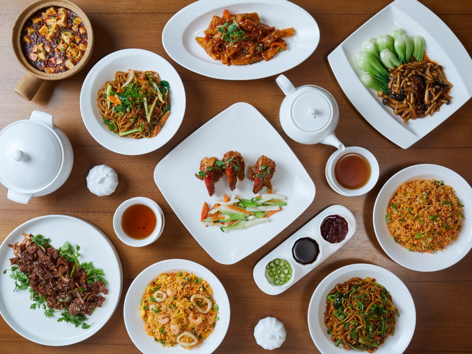 A selection of staples including prawns, tofu, fried rice, noodles among other dishes at Yi Jing