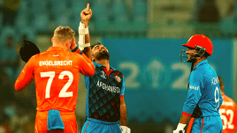 Afghanistan's batters Hashmatullah Shahidi and Azmatullah Omarzai celebrate after winning the ICC Men's Cricket World Cup 2023 match against Netherlands, at Bharat Ratna Shri Atal Bihari Vajpayee Ekana Cricket Stadium in Lucknow, Friday, Nov. 3, 2023. (PTI Photo