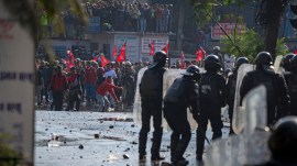 Protesters clash with police in a rally