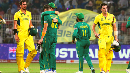 South Africa players react after Pat Cummins and Mitchell Starc saw Australia through to victory in the semi-final at the Eden Gardens. Express Photo by Partha Paul