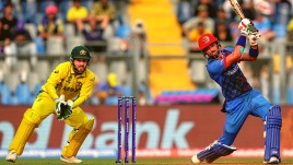 Afghanistan’s Ibrahim Zadran plays a shot during the ICC Men's Cricket World Cup 2023 match between Afghanistan and Australia at the Wankhede Stadium, in Mumbai, Tuesday, Nov. 7, 2023. (PTI Photo)
