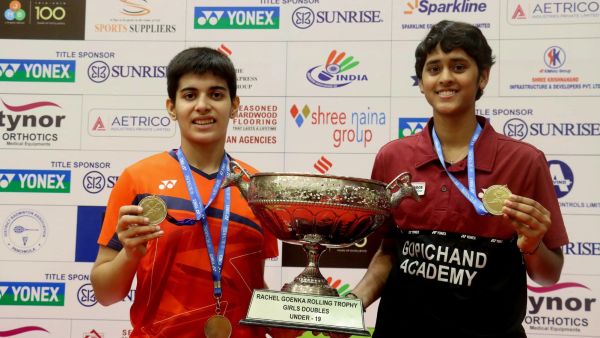 Anmol Kharb (left) and Vennala K won the girls’ doubles title and the Rachel Goenka Trophy. (Express Photo by Jasbir Malhi)