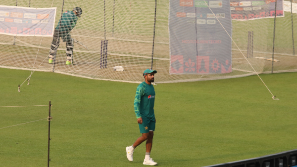 Pak Captin Babar Azam along with Pakistan players and officials during practice session the day before Pak-Bangladesh ICC men's cricket World Cup match at Eden Garden ,Kolkata on Monday, October 30.Express photo by Partha Paul.
