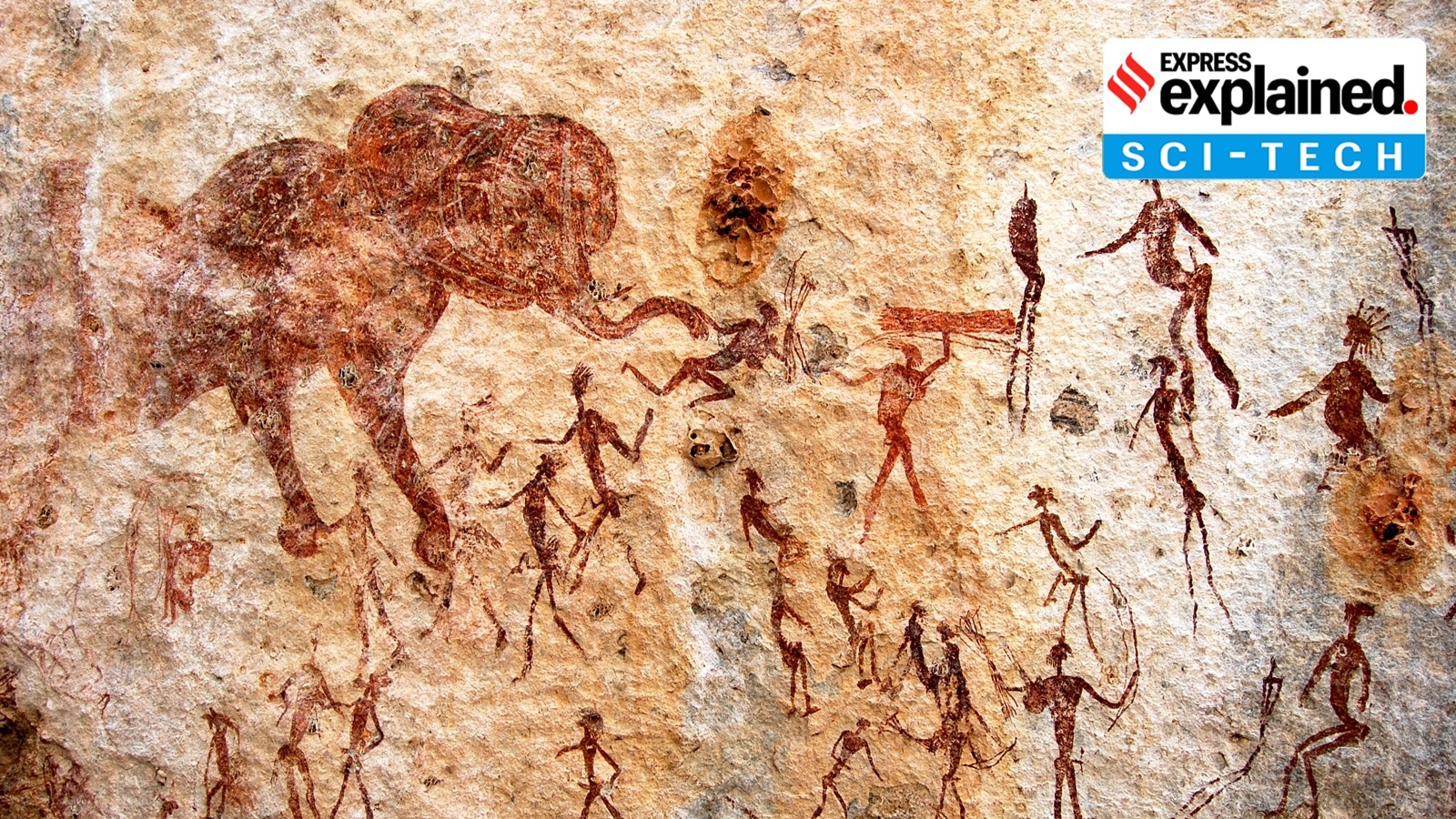 A prehistoric rock art site in northeast Zimbabwe showing group "hunt" scene.