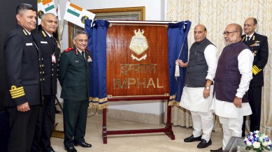 India Navy, Rajnath Singh, CDS General Anil Chauhan, Navy Admiral R Hari Kumar, warship Imphal, India navy warship Imphal, Indian express