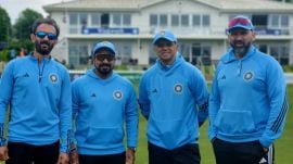 (L-R) India's batting coach Vikram Rathour, fielding coach T Dilip, head coach Rahul Dravid and bowling coach Paras Mhambrey. (BCCI Twitter)