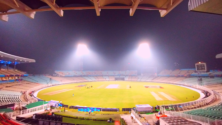 Kolkata's Eden Gardens stadium under the lights a day ahead of the India vs South Africa match. Express photo by Partha Paul