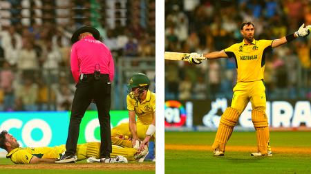 (LEFT) Australia's Glenn Maxwell lies on the ground as he struggles due to cramps; (RIGHT) Maxwell celebrates after leading Australia to a win over the Afghan team. (PHOTOS: PTI/AP)