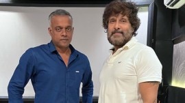 Gautham Menon and Vikram from dubbing studio for Dhruva Natchathiram