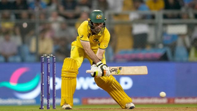 Australia's Glenn Maxwell plays a shot during the ICC Men's Cricket World Cup match between Australia and Afghanistan in Mumbai, India, Tuesday,