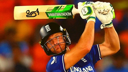 England's Jos Buttler in action before losing his wicket, caught by Australia's Cameron Green off the bowling of Adam Zampa REUTERS