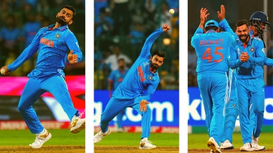 Virat Kohli bowls during the ICC Men's Cricket World Cup match between India and Netherlands at Chinnaswamy Stadium, in Bengaluru, Sunday, Nov. 12, 2023. (PTI Photo)
