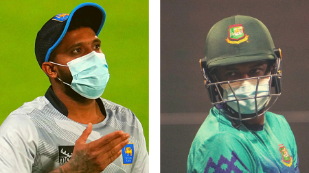 Sri Lanka's captain Kusal Mendis (LEFT) and Bangladesh captain Shakib Al Hasan during a practice session ahead of their Cricket World Cup match at the Arun Jaitley Stadium in New Delhi. (PTI Photos)