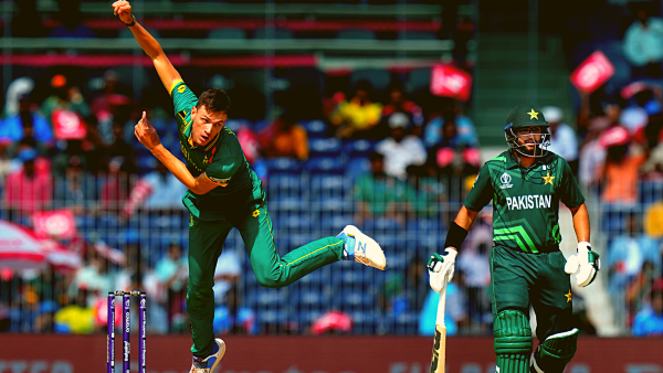 South Africa's Marco Jansen bowls during the ICC Men's Cricket World Cup 2023 match between Pakistan and South Africa, at MA Chidambaram Stadium in Chennai