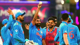 India's Mohammed Shami with teammates celebrate taking 5 wickets in the ICC Men's Cricket World Cup 2023 match between India and Sri Lanka, at Wankhede Stadium, in Mumbai, Thursday, Nov. 2, 2023. (PTI Photo