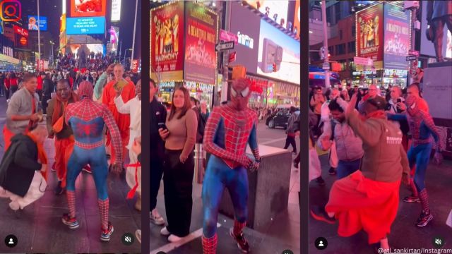 Man dressed as Spider-Man dances with ISKCON devotees at Times Square
