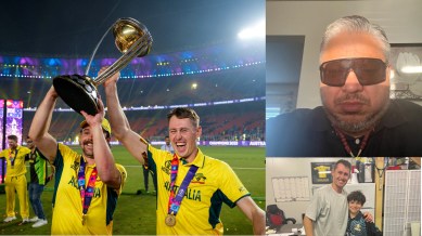 Marnus Labuschagne with the Cricket World Cup Trophy and his coach Neil D'Costa