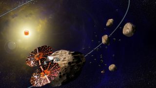 An artistic illustration of NASA's Lucy mission flying by a Jupiter Trojan asteroid.