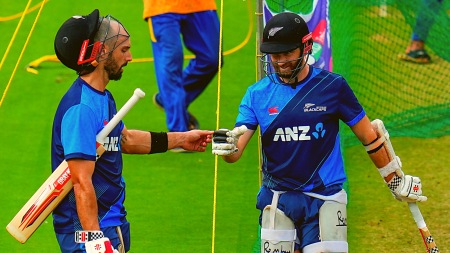 New Zealand's Kane Williamson and Daryl Mitchell during a practice session ahead of the ICC Men's Cricket World Cup 2023 match against Pakistan, at M. Chinnaswamy Stadium in Bengaluru, Friday, Nov. 3, 2023. (PTI Photo)