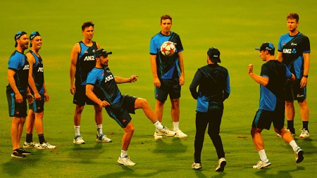 New Zealand players during a practice session at the Wankhede Stadium ahead of the ICC World Cup semi-final against India. (PHOTO: REUTERS)