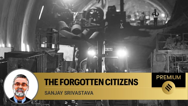 In the case of the workers trapped in the Silkyara tunnel, it isn’t only the collapsed rubble that surrounds them. Rather, they have also become enveloped in hype regarding their role as representatives of national diversity and unity. (Express photo by Chitral Khambhati)