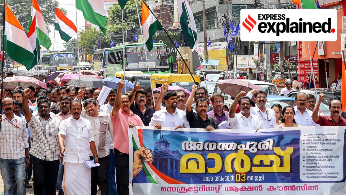 Members of the Kerala Secretariat Action Council during a protest outside the secretariat against the state governments decision to introduce Contributory Pension Scheme for government employees, in Thiruvananthapuram, Friday, Nov. 3, 2023.