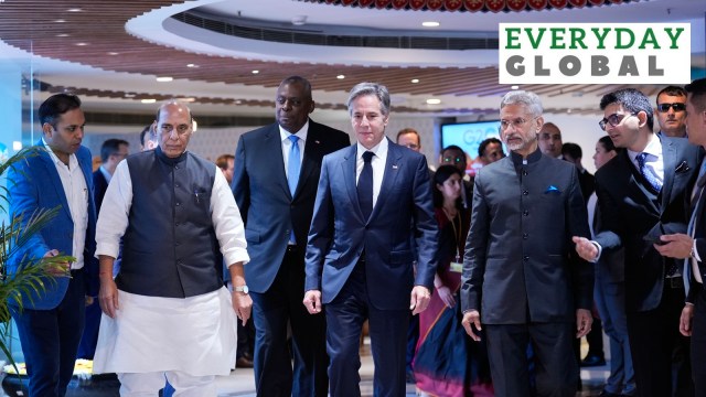 Defence Minister Rajnath Singh and External Affairs Minister S. Jaishankar with US Secretary of State Antony Blinken and US Secretary of Defense Lloyd Austin arrive for a group photo before the 5th India-US 2+2 Ministerial Dialogue, at Sushma Swaraj Bhavan, in New Delhi, Friday, Nov. 10, 2023.