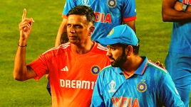 ODI World Cup final: India's head coach Rahul Dravid, skipper Rohit Sharma and other players after the ICC Men’s Cricket World Cup 2023 finals, at the Narendra Modi Stadium, in Ahmedabad, Sunday, Nov. 19, 2023. Australia won the match to lift the trophy. (PTI Photo
