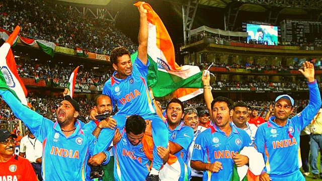 Virat Kohli carries Sachin Tendulkar on his shoulders after India won the 2011 World Cup at Wankhede Stadium.