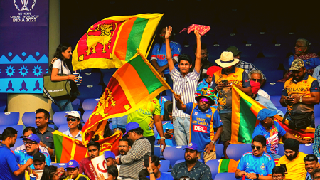 Sri Lankan fans during the the ICC Men's Cricket World Cup 2023 match between Sri Lanka and Bangladesh, at the Arun Jaitley Stadium in New Delhi, Monday, Nov. 6, 2023. (PTI Photo