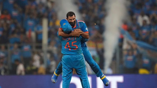 World Cup 2023 1st Semi-Final Highlights: Rohit Sharma and Mohammed Shami celebrate