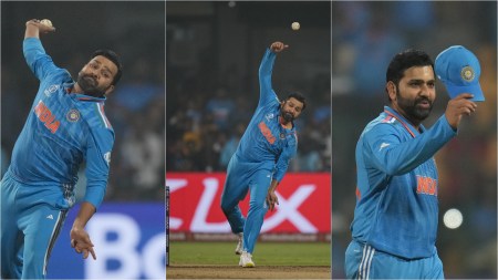 India's captain Rohit Sharma bowls during the ICC Men's Cricket World Cup match between India and Netherlands in Bengaluru, India, Sunday, Nov. 12, 2023. (AP Photo)