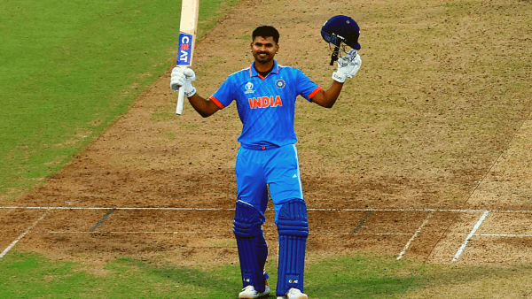 India's Shreyas Iyer celebrates after reaching his century REUTERS